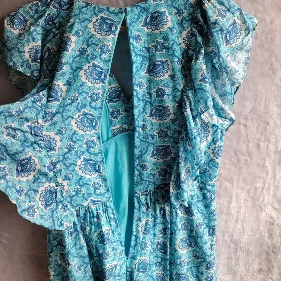 RHODE Aqua Lotus Tasha Midi Dress Size 4 Floral Print Flutter Cap Sleeve Ruffle - Picture 8 of 16